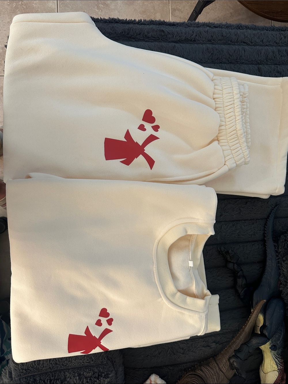 Dutch Bros Cream Sweatshirt and sweats with Red Heart Accent